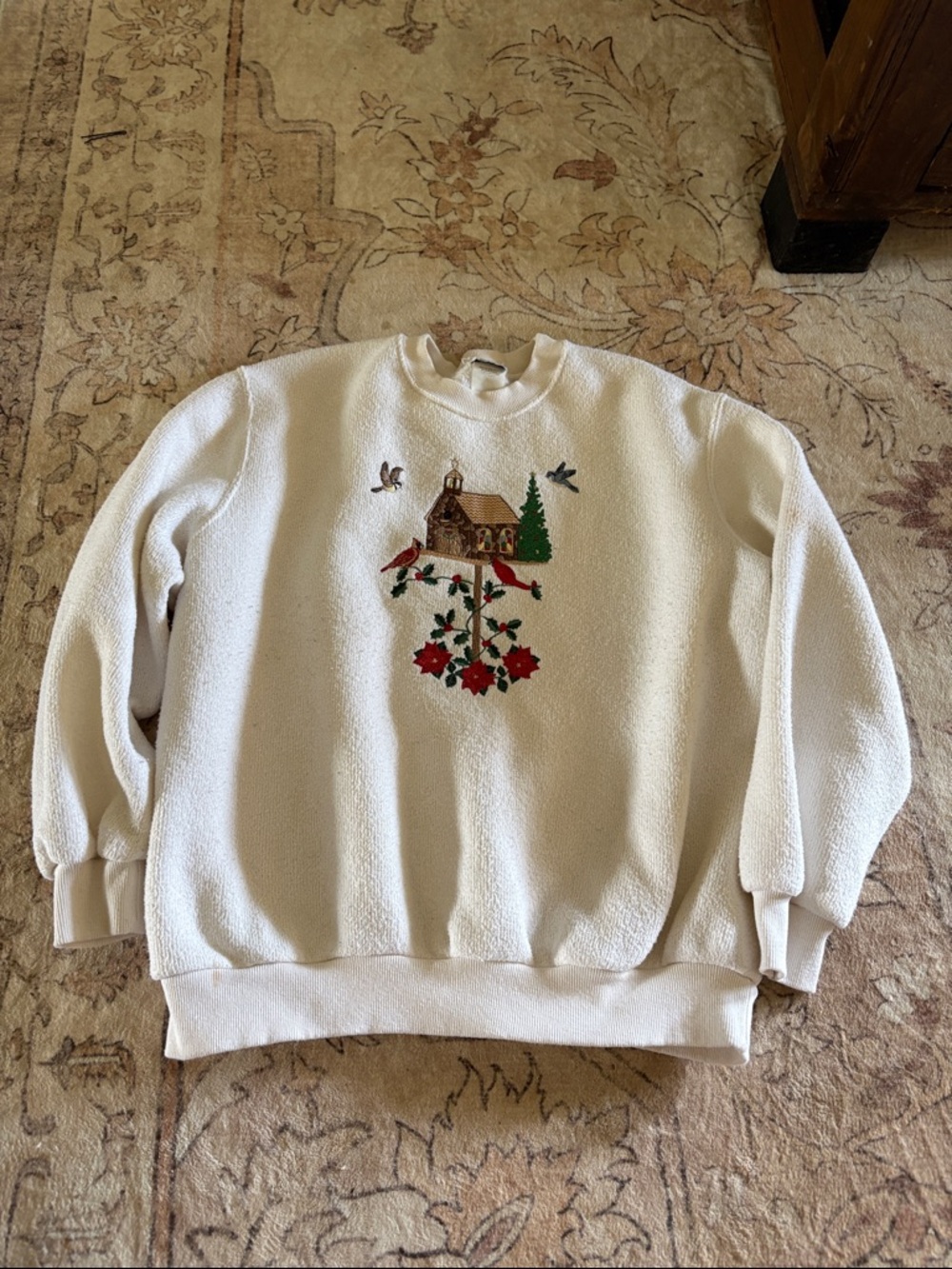 BonWorth Cream Crewneck Sweater with Holiday House & Poinsettia Embroidery